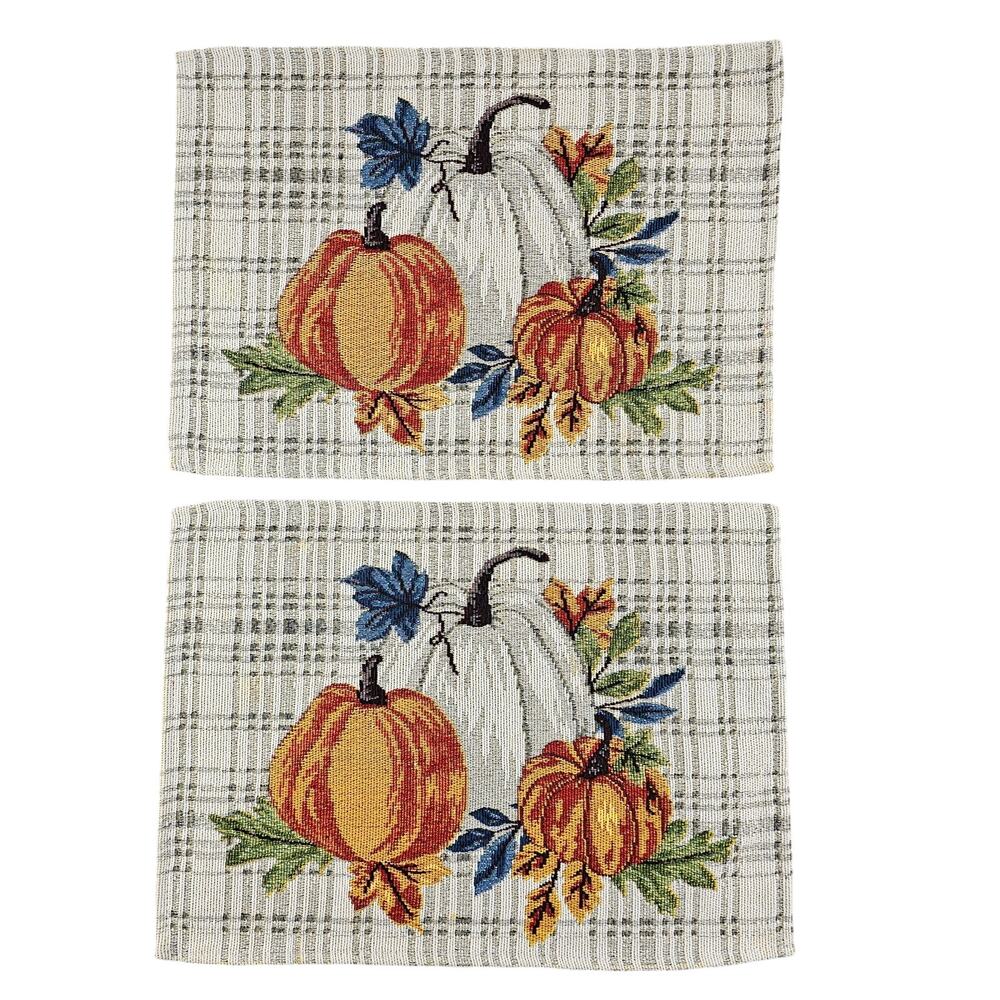 Fall Pumpkin Leaves Tapestry Placemats Autumn Decor Orange White Blue Grey
